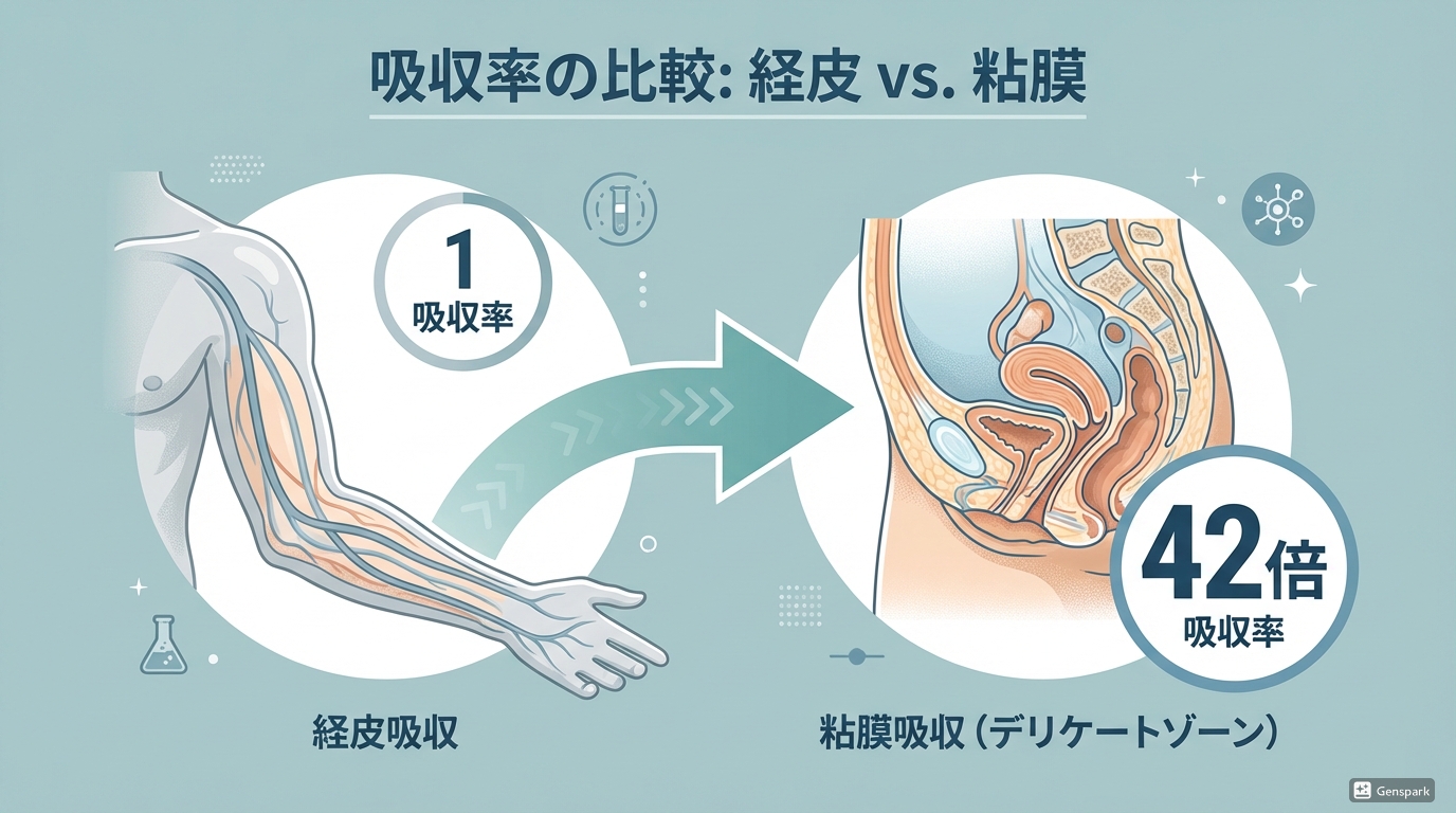 皮膚からの吸収率を1とした場合、デリケートゾーンの粘膜からの吸収率は42倍になることを示す比較図解。よもぎ蒸しの効果の理由を説明している。