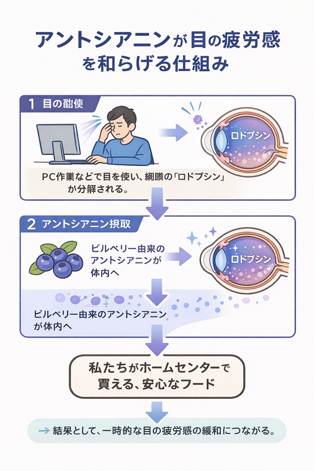 アントシアニンが目の網膜にあるロドプシンの再合成をサポートする仕組みを示した図解。