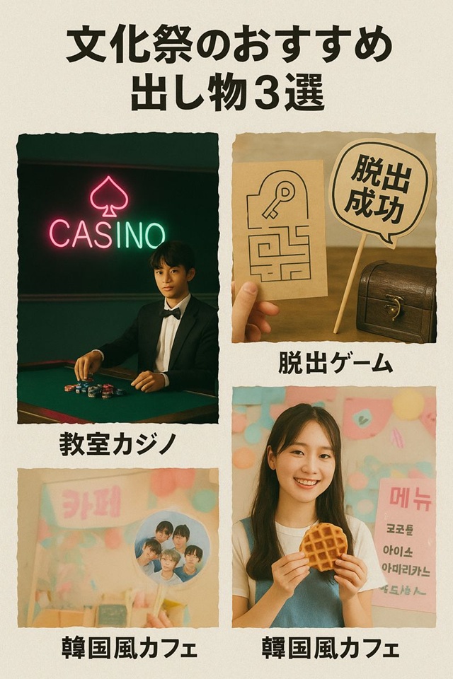 文化祭のおすすめ出し物3選のイメージ図。ネオン装飾の教室カジノ、フォトスポット付き脱出ゲーム、韓国風カフェの様子。