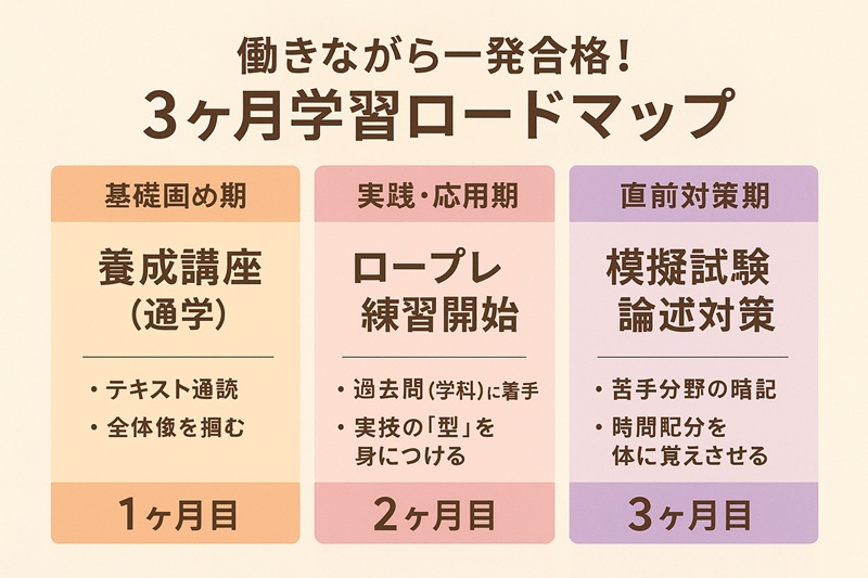 キャリアコンサルタント試験に向けた3ヶ月間の学習ロードマップ。1ヶ月目は基礎固め、2ヶ月目は実践・応用、3ヶ月目は直前対策と段階的に進めるスケジュール。
