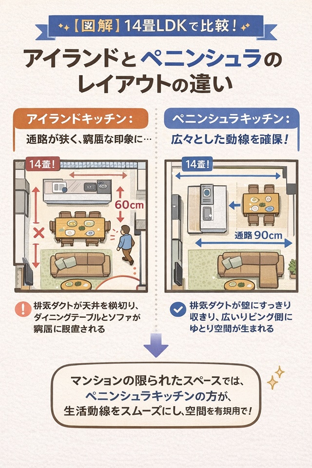 14畳LDKにおけるアイランドキッチンとペニンシュラキッチンのレイアウト比較図。ペニンシュラキッチンの方が動線を広く確保でき、マンションに適していることを示しています。