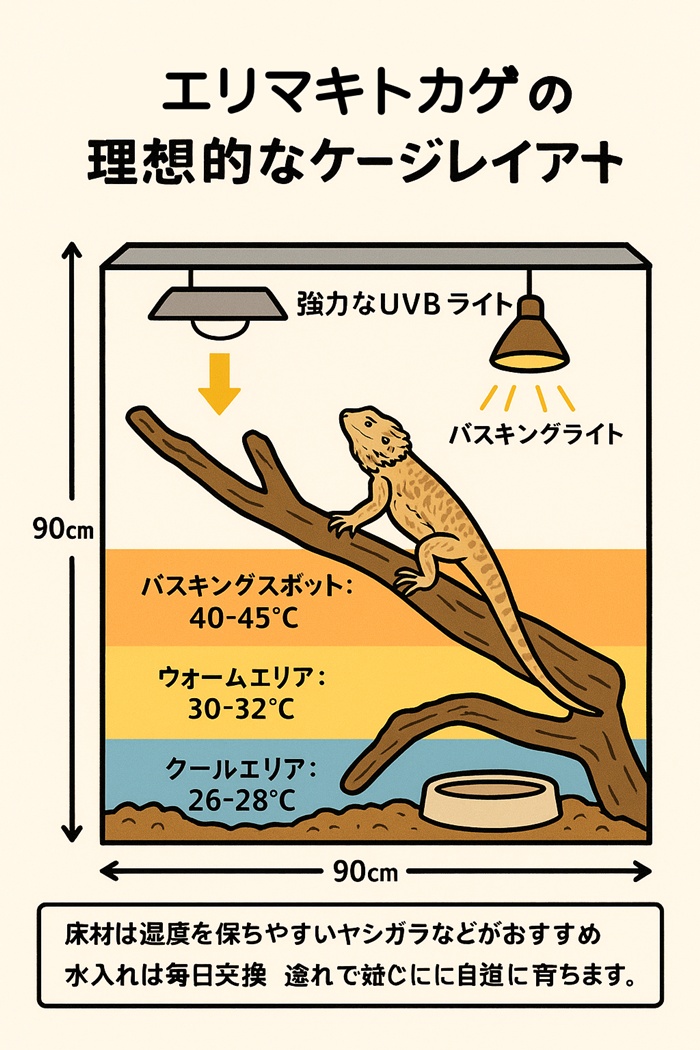エリマキトカゲの飼育に必要な、高さ90cmのケージ内の理想的なレイアウト図。UVBライト、バスキングライトの配置と、40℃から26℃までの温度勾配が示されている。