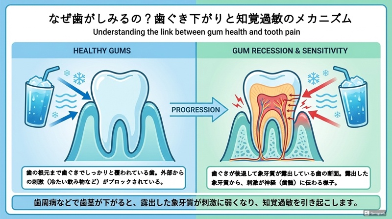 健康な歯と歯ぐきが下がった歯の比較図解。歯ぐきが下がると象牙質が露出し、刺激が神経に伝わって知覚過敏が起こる仕組みを示しています。