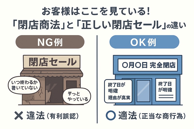 閉店商法と正しい閉店セールの違いを比較したイラスト。終了日が不明確な場合は違法、明確な場合は適法とされる。