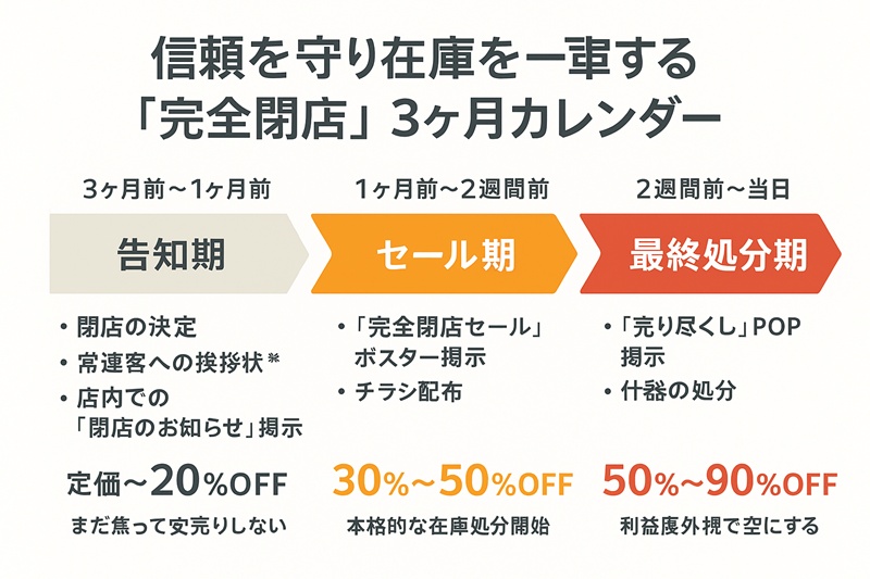 閉店までの3ヶ月間のスケジュール表。告知期、セール期、最終処分期のアクションプランと割引率の目安。