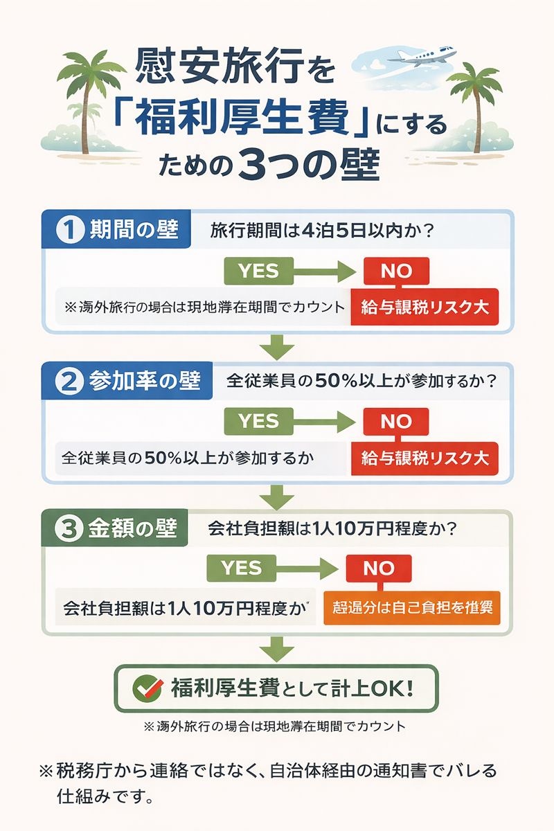 慰安旅行が福利厚生費として認められるための3条件（4泊5日以内、参加率50%以上、会社負担10万円以下）を示すフローチャート。