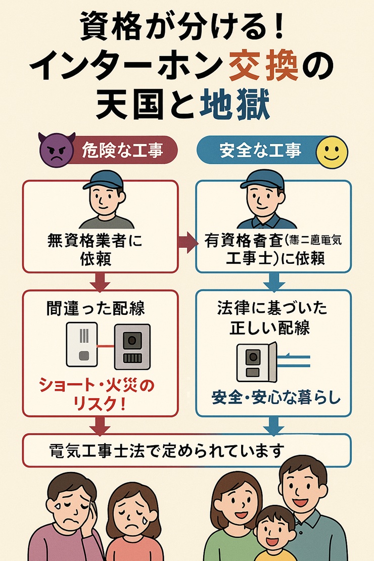 インターホン交換における有資格者と無資格者の工事の違いを示す図解。無資格工事は火災のリスクに、有資格工事は安全な暮らしにつながることを示している。