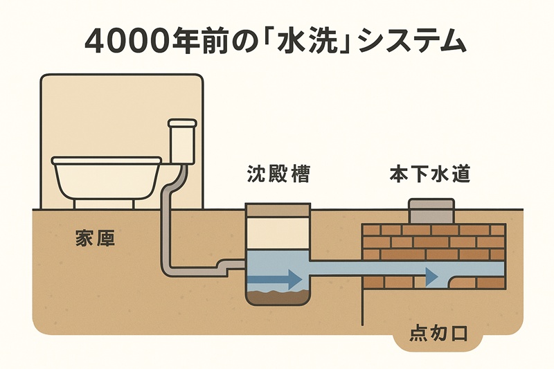 モヘンジョダロの各家庭から本下水道へ繋がる排水システムの断面図。沈殿槽を経由する仕組みが描かれている。