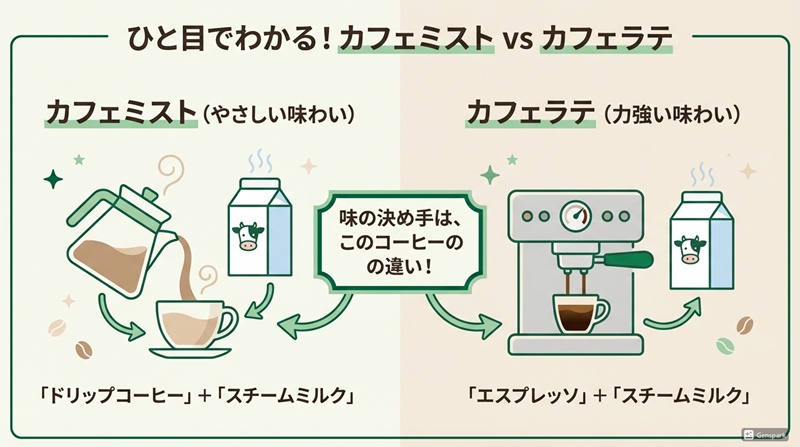カフェミストとカフェラテの違いを示す図解。カフェミストがドリップコーヒーとスチームミルクで構成されているのに対し、カフェラテはエスプレッソとスチームミルクで構成されていることを示している。