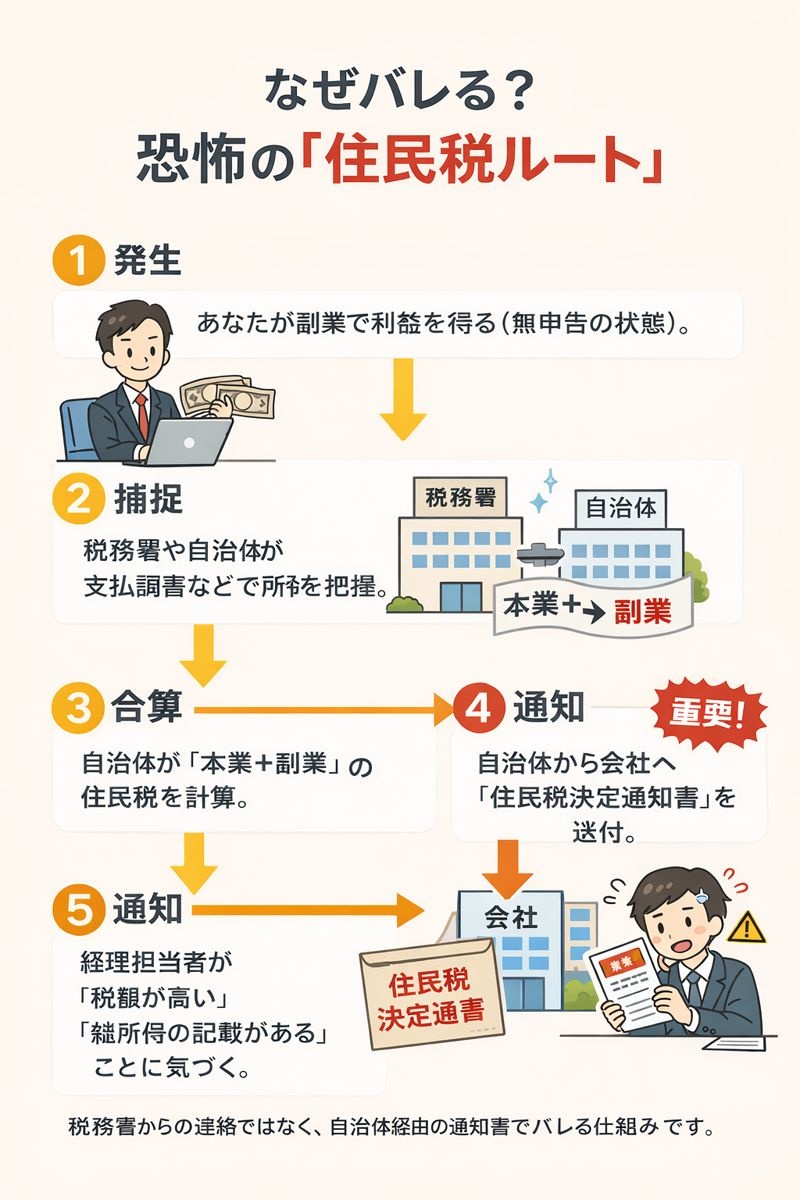 副業が会社にバレる仕組みの図解。副業所得が自治体で合算され、住民税決定通知書を通じて会社の経理担当者に伝わるフローチャート。