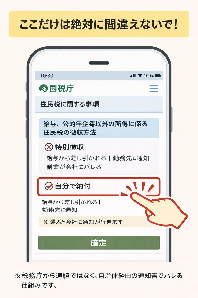 確定申告書の住民税に関する事項の入力画面。「自分で納付」を選択することで会社バレを防げることを示す図解。