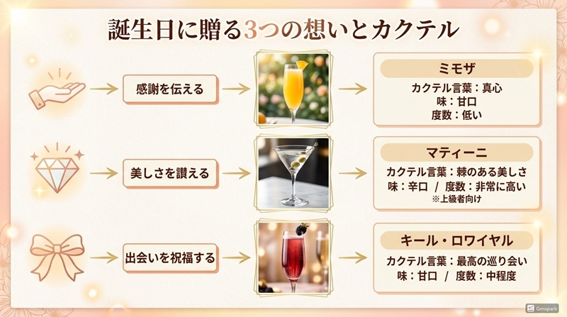 誕生日に伝えたい3つの想い(感謝、賞賛、祝福)と、それぞれに対応するカクテル(ミモザ、マティーニ、キール・ロワイヤル)の特徴をまとめた図解