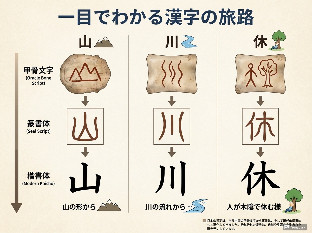 甲骨文字から現代の漢字に至るまでの「山」「川」「休」の形の変遷を示したインフォグラフィック