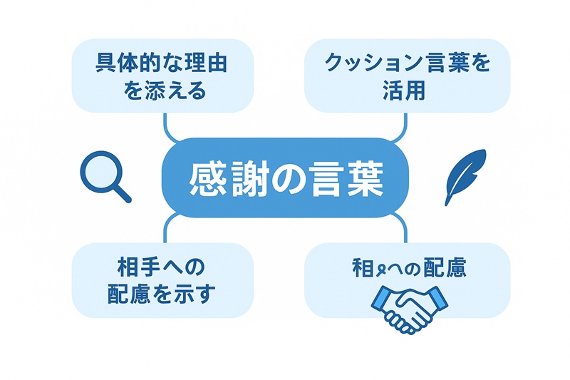 感謝を伝える3つの基本原則を示した図解。中央に「感謝の言葉」とあり、「具体的な理由を添える」「クッション言葉を活用」「相手への配慮を示す」という3つの要素に枝分かれしている。