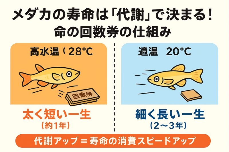 水温が高いとメダカの代謝が上がり寿命のチケットを早く消費し、水温が低いとゆっくり消費して長生きする仕組みの図解