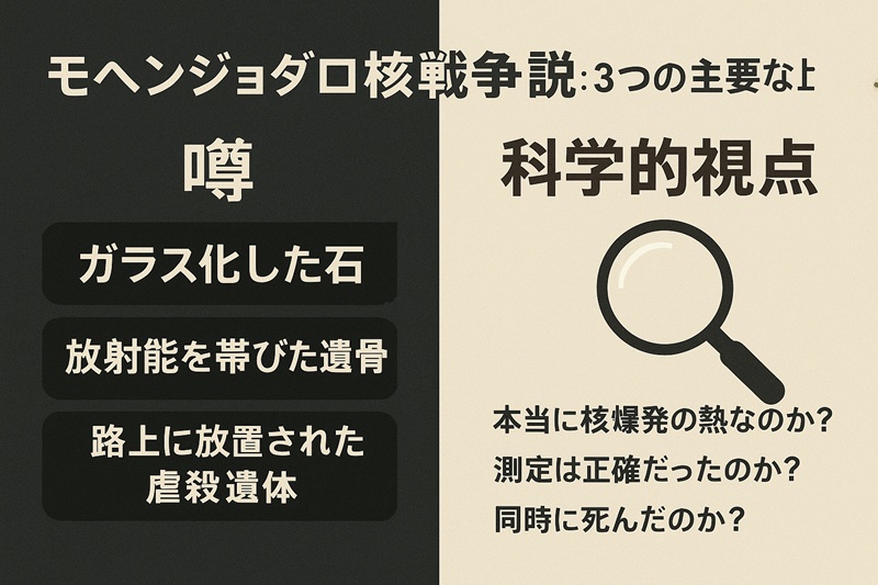 モヘンジョダロの核戦争説の根拠とされるガラス化、放射能、遺体について、科学的な疑問点を対比させたイラスト。