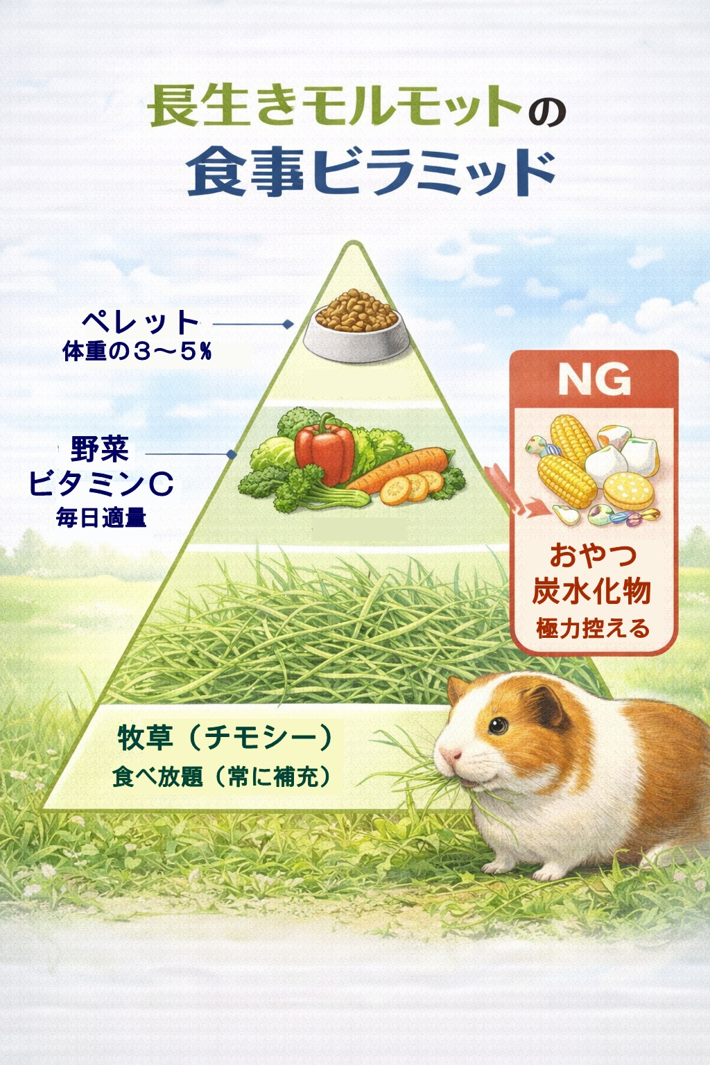 モルモットの食事バランスピラミッド。土台となる最も重要な食材は牧草であり、次いで野菜、ペレットの順に量が少なくなる。