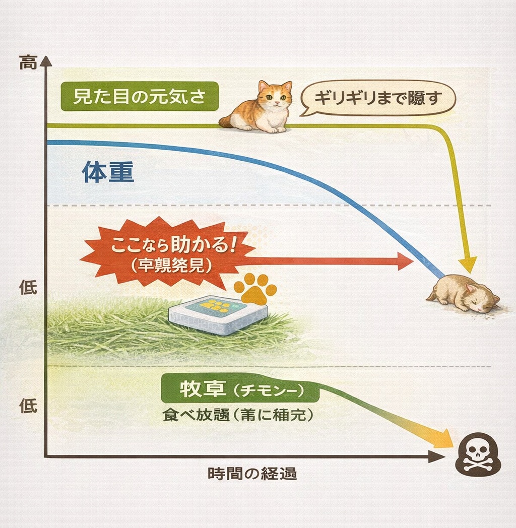 モルモットの健康状態推移グラフ。見た目の元気さは最後まで維持されるが、体重は早期から減少し始めるため、体重測定が早期発見の鍵となる。