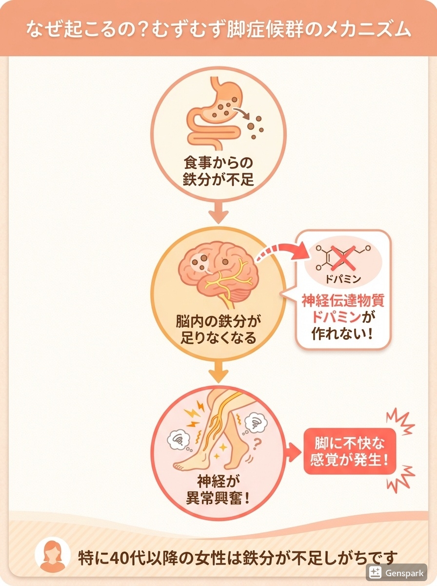 むずむず脚症候群の原因を図解したインフォグラフィック。鉄分不足が脳内のドパミン生成を妨げ、神経の異常興奮を引き起こす流れを示している。