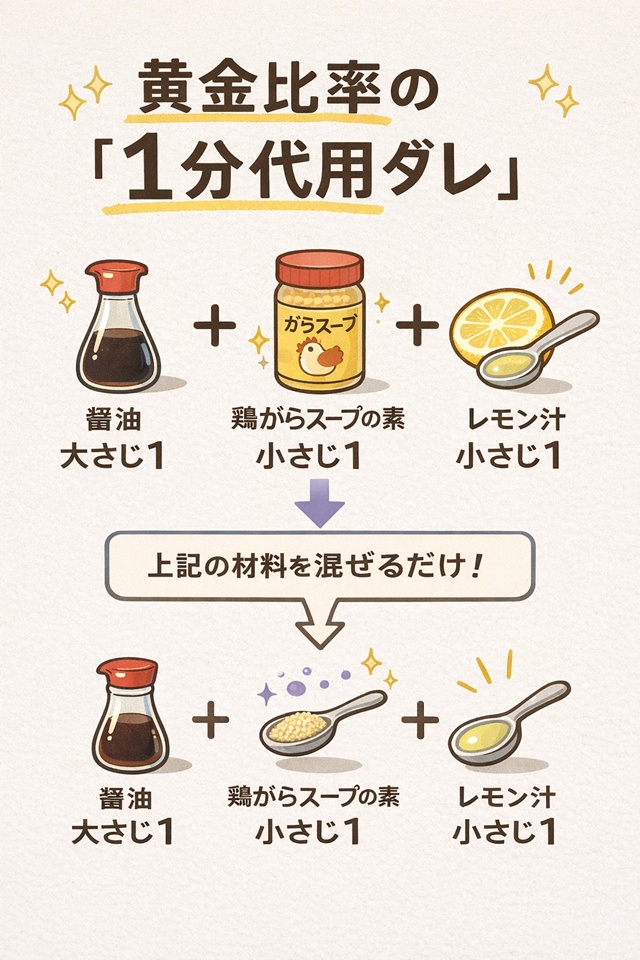 インフォグラフィック：ナンプラーの代用ダレの作り方。醤油大さじ1、鶏がらスープの素小さじ1、レモン汁小さじ1を混ぜる。