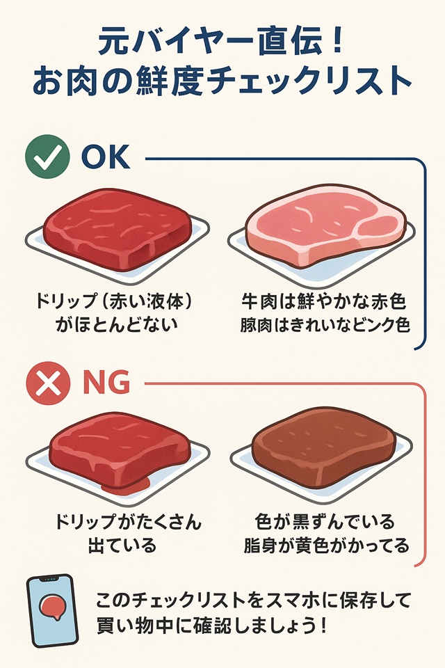 ロピアで新鮮な肉を選ぶためのチェックリスト。OK例としてドリップがなく色の良い肉のイラスト、NG例としてドリップが多く黒ずんだ肉のイラストが描かれている。