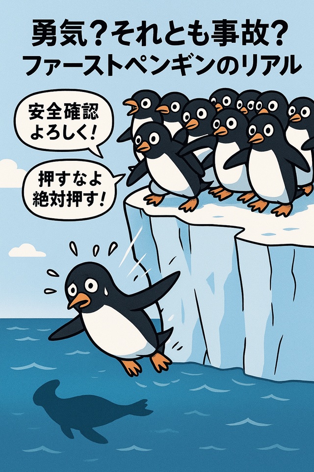 氷の崖で群れに押され、不本意に海へ落下する最初のアデリーペンギン(ファーストペンギン)のイラスト