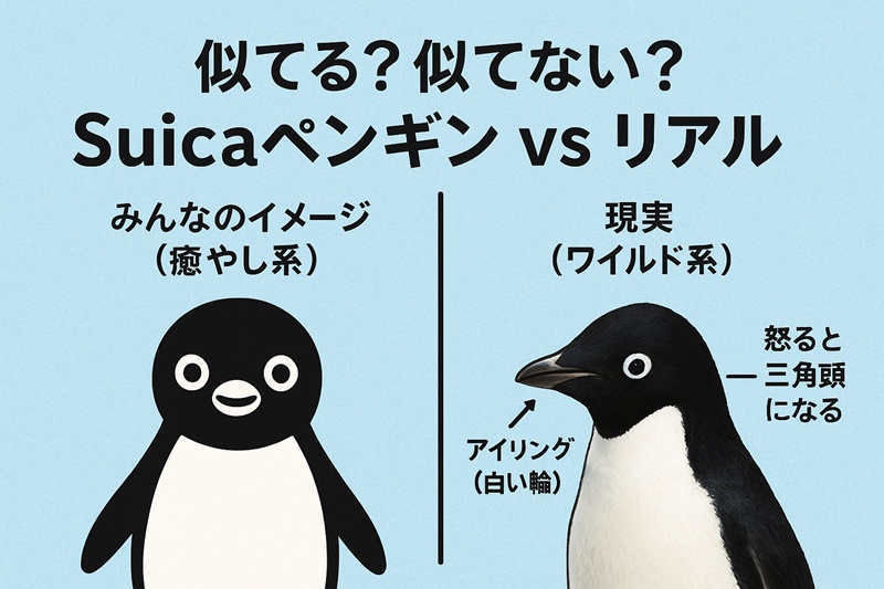 Suicaペンギンのイラストと、白いアイリングを持ち怒って頭が三角形になった実物のアデリーペンギンの比較図。