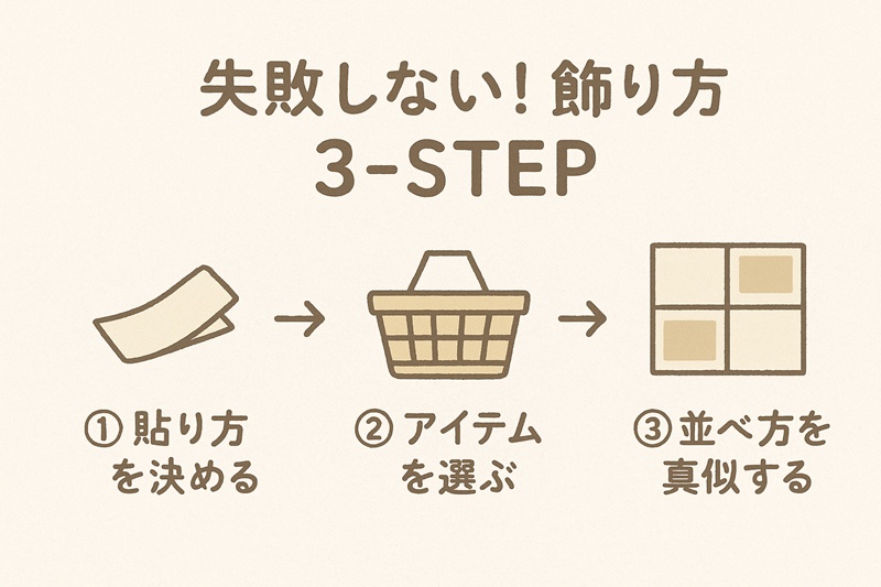 ポストカードの飾り方3ステップの図解。ステップ1は貼り方を決める、ステップ2はアイテムを選ぶ、ステップ3は並べ方を真似する。