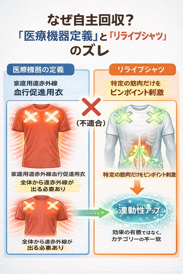 一般医療機器の定義である全体輻射と、リライブシャツの部分的刺激が適合しなかったことを示す比較図解。