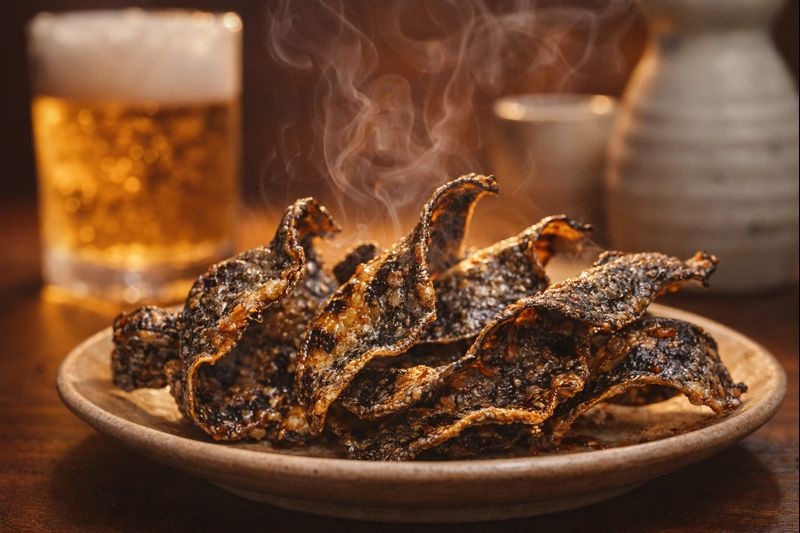 トースターでこんがりと焼かれ、香ばしく反り返った鮭とばの皮。ビールのつまみに最適。