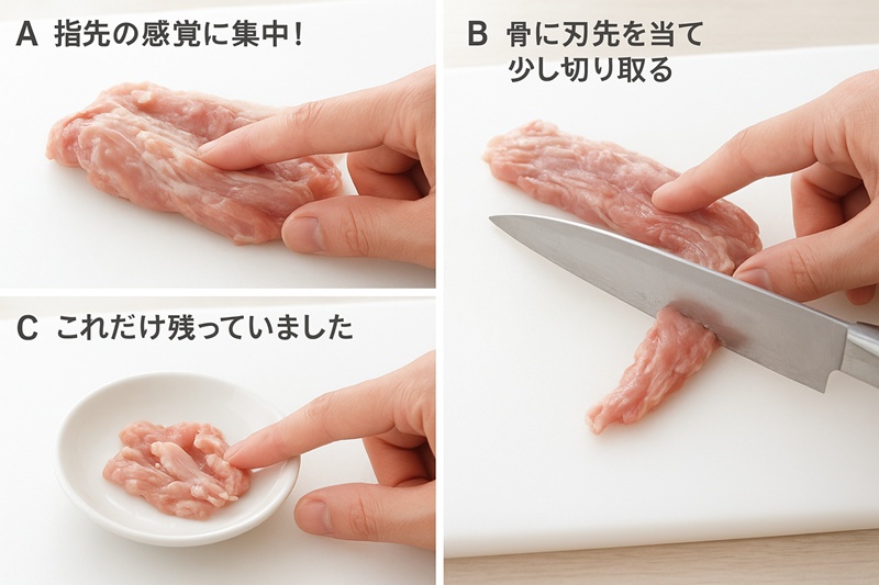 せせりの下処理手順。指で骨を探し出し、包丁で取り除いている手元の写真。