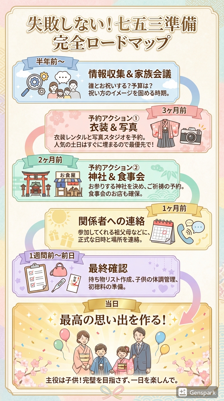 七五三の準備を半年前から当日までのステップで解説したインフォグラフィック。情報収集から予約、最終確認までの流れがわかります。