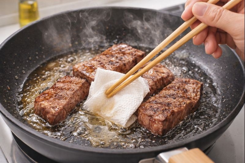 フライパンでトモサンカクを焼きながら、溶け出した余分な脂をキッチンペーパーで拭き取っている様子。