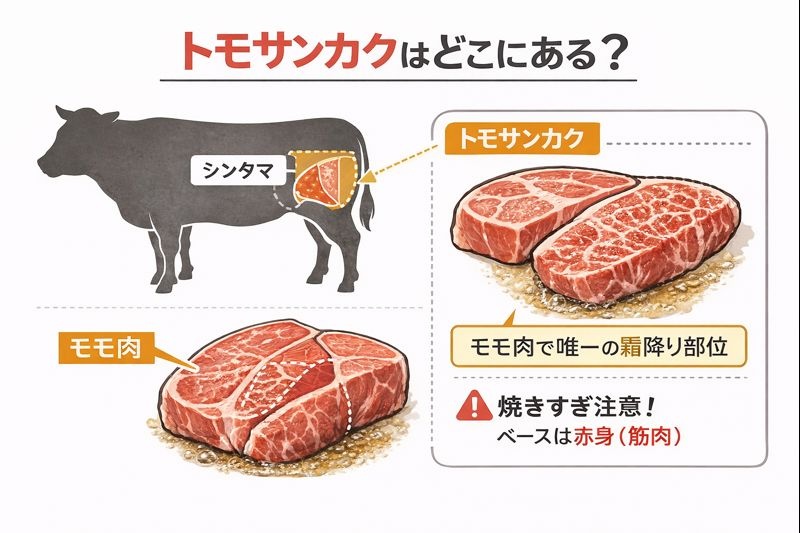 牛の部位図解。後ろ足のシンタマに含まれるトモサンカクの位置と、サシが入っている特徴を示したイラスト。