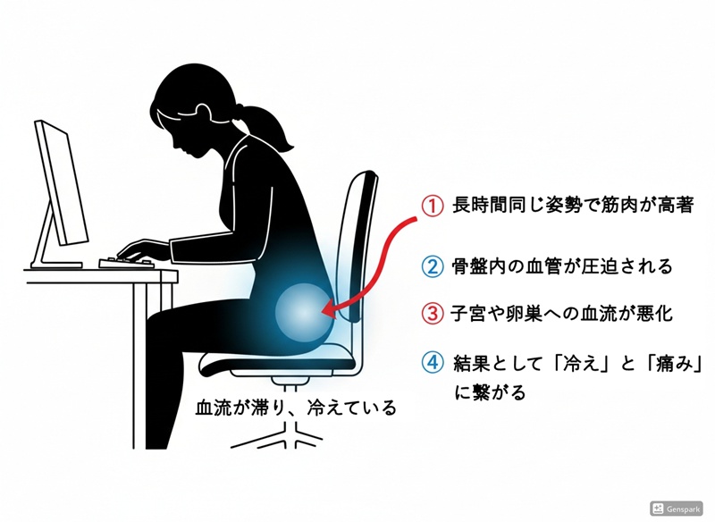 デスクワークをする女性のイラスト。骨盤周りの血流が滞り、冷えと痛みの原因となっていることを示す図解。