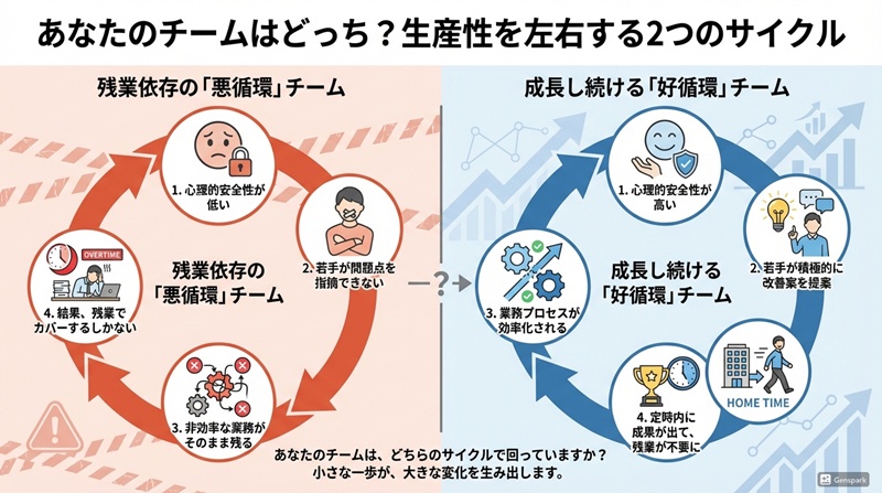2つのチームサイクルを示す図。左の悪循環チームは心理的安全性の低さから残業に依存し、右の好循環チームは心理的安全性の高さから業務が効率化され残業が不要になる様子を示している。