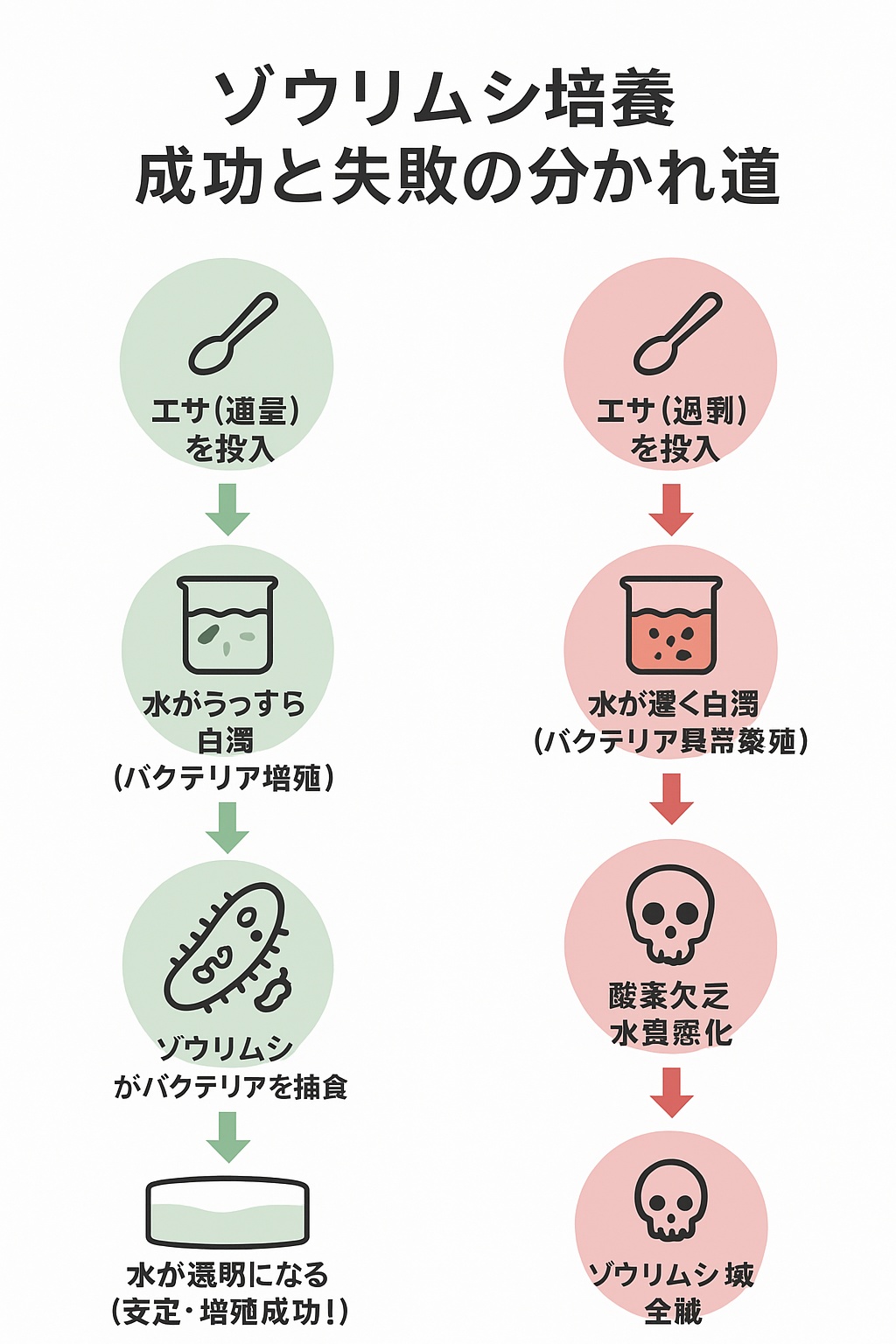 ゾウリムシ培養の成否を分けるエサの量の違いを示した図。適量のエサは安定したサイクルを生むが、過剰なエサは水質悪化を招き全滅に至る。