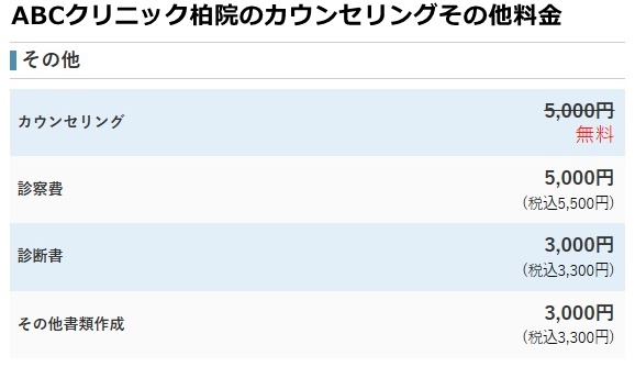 ABCクリニック柏院の料金