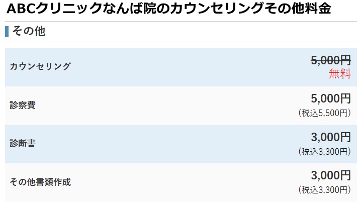 ABCクリニックなんば院の料金