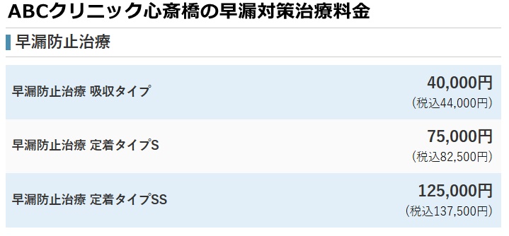 ABCクリニック心斎橋の料金