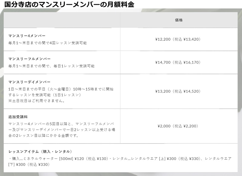 ピラティスｋ国分寺店の料金