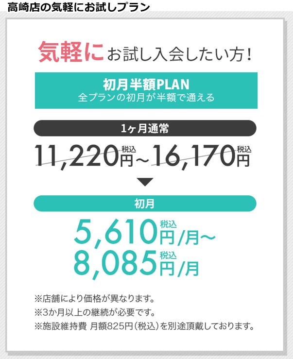 ピラティスＫ高崎店の料金