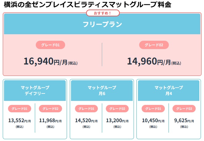 横浜のゼンプレイスピラティスの料金