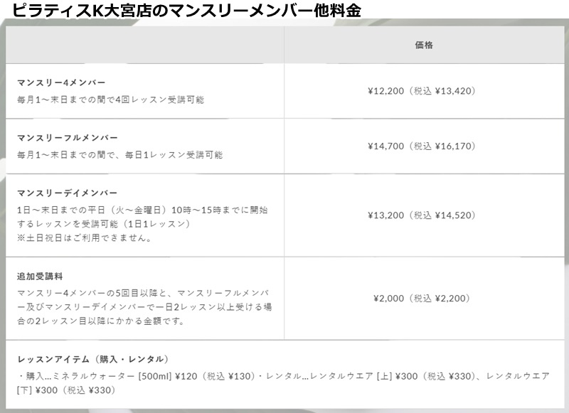 ピラティスk大宮店の料金