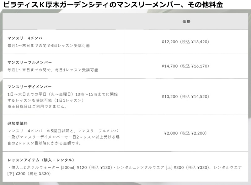 ピラティスｋ厚木ガーデンシティ店の料金