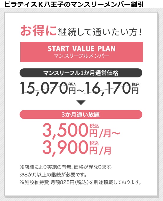 ピラティスk八王子オクトーレ店の料金
