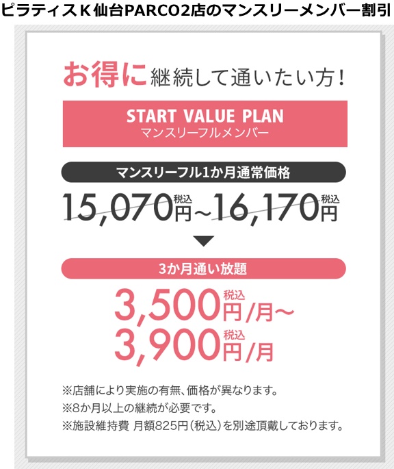 ピラティスk仙台店の料金