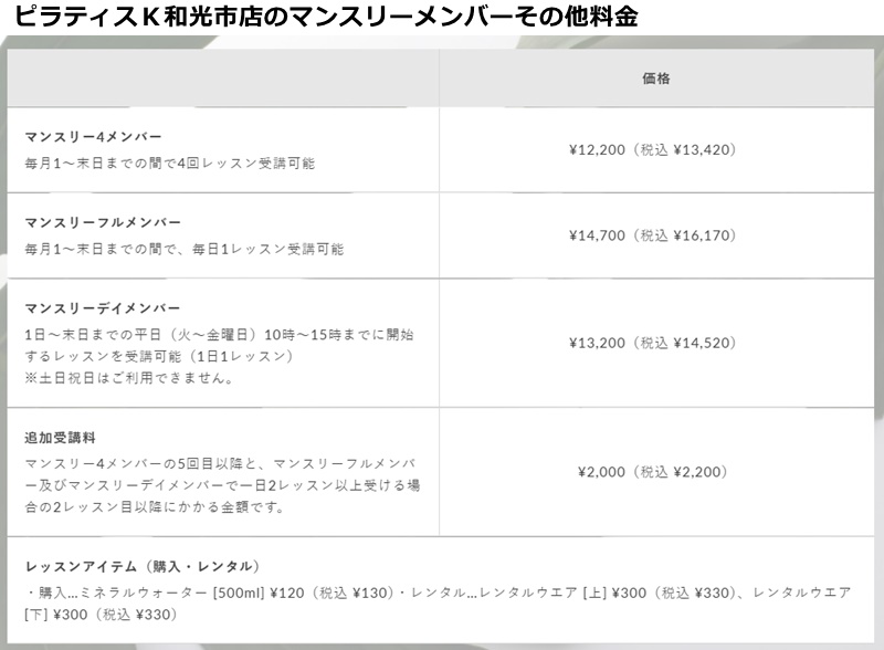 ピラティスk和光市店の料金