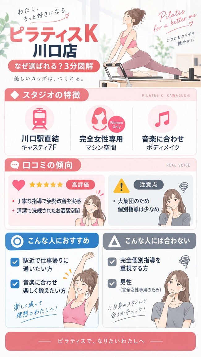 ピラティスkかわぐちキャスティ店の口コミまとめ解説図