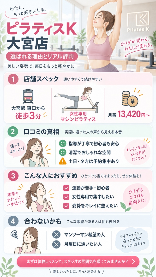 ピラティスＫ大宮店の口コミとお勧めする方などのまとめ